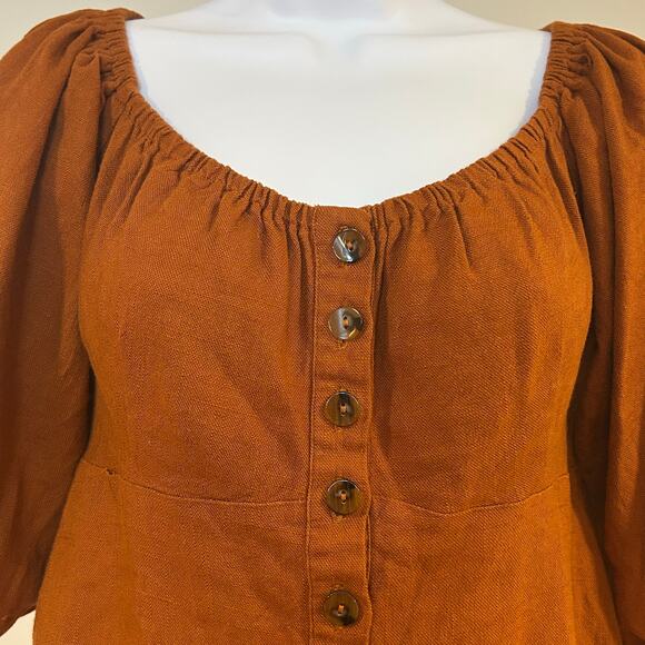 SPELL & THE GYPSY Sz S Peplum Burnt Orange 3/4 Peasant Sleeve Boho Minimalist - Picture 2 of 10